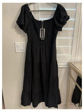 PrettyGarden Black Smocked Puff Sleeve Tiered Midi Dress